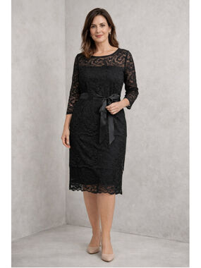 Marina 10 Black Lace Sheath Dress Tie Waist Tiered Ruffle Keyhole Back